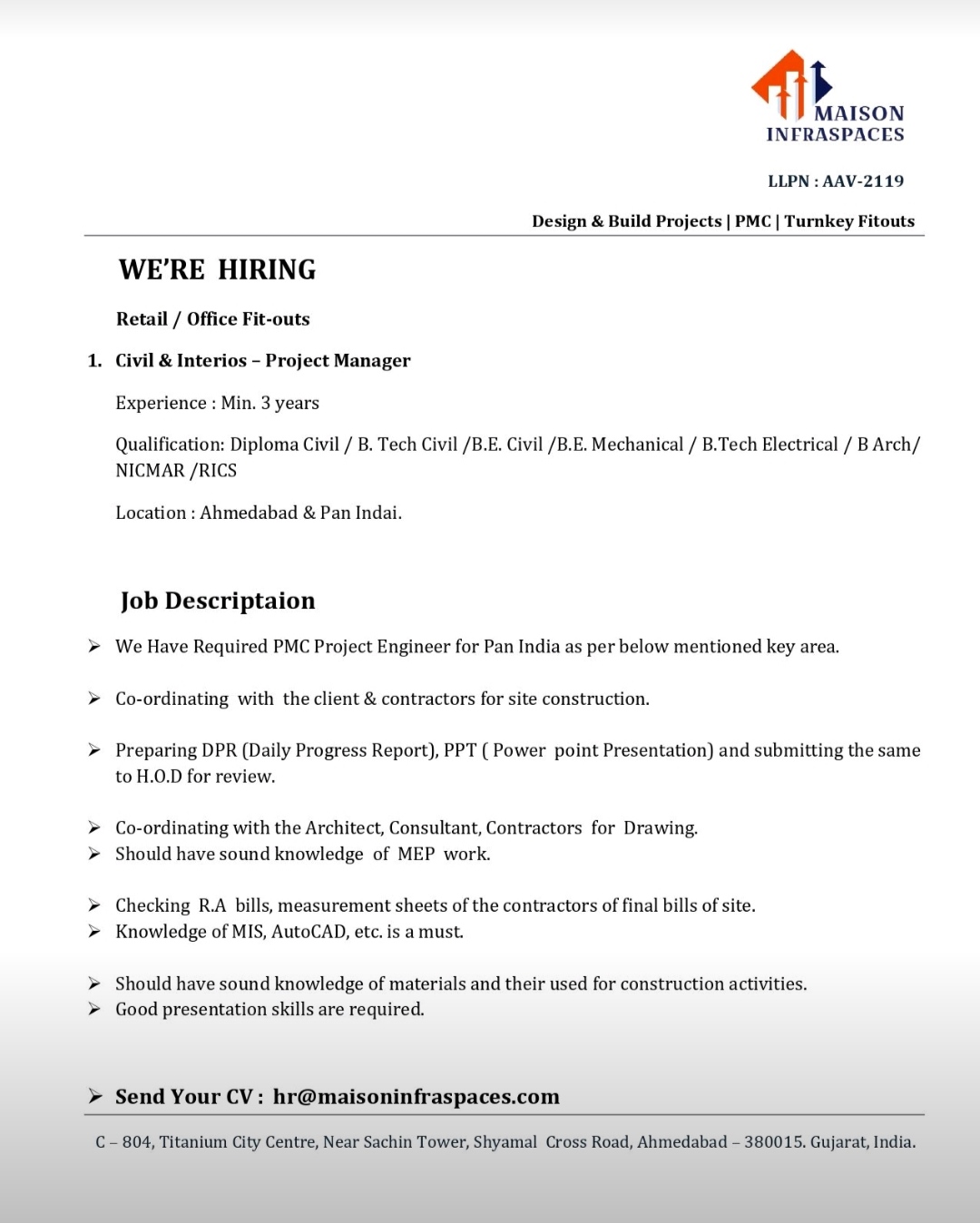 Maison Infraspaces Hiring Degree Diploma Electrical Mechanical Civil