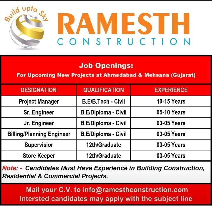 Ramesth Construction Hiring| Degree| Diploma|Civil Engineer – Ultra Job ...